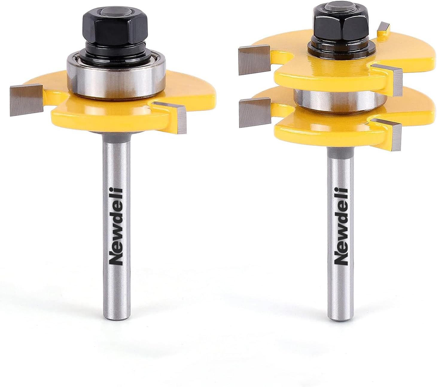 Newdeli Tongue and Groove Router Bit Set 1/4 Inch Shank - 2pcs Router Bits for 3/4" Stock, 1/2" Cutting Depth - T Shape 3 Teeth Wood Milling Cutter Woodworking Tool