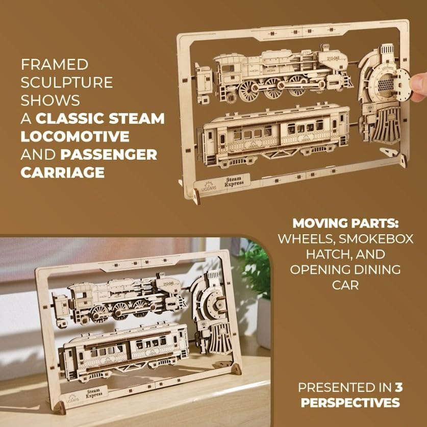 Vista 2 de UGEARS Steam Express enmarcado 2.5D Kit de modelo clásico de madera de tren con ruedas móviles, mecanismos y puertas Kits de modelos