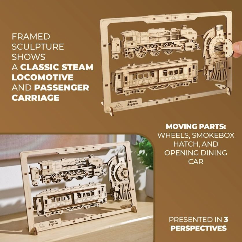 UGEARS 2.5D Framed Steam Express, Classic Train Wood Model Kit with Movable Wheels, Mechanisms & Doors - Image 2
