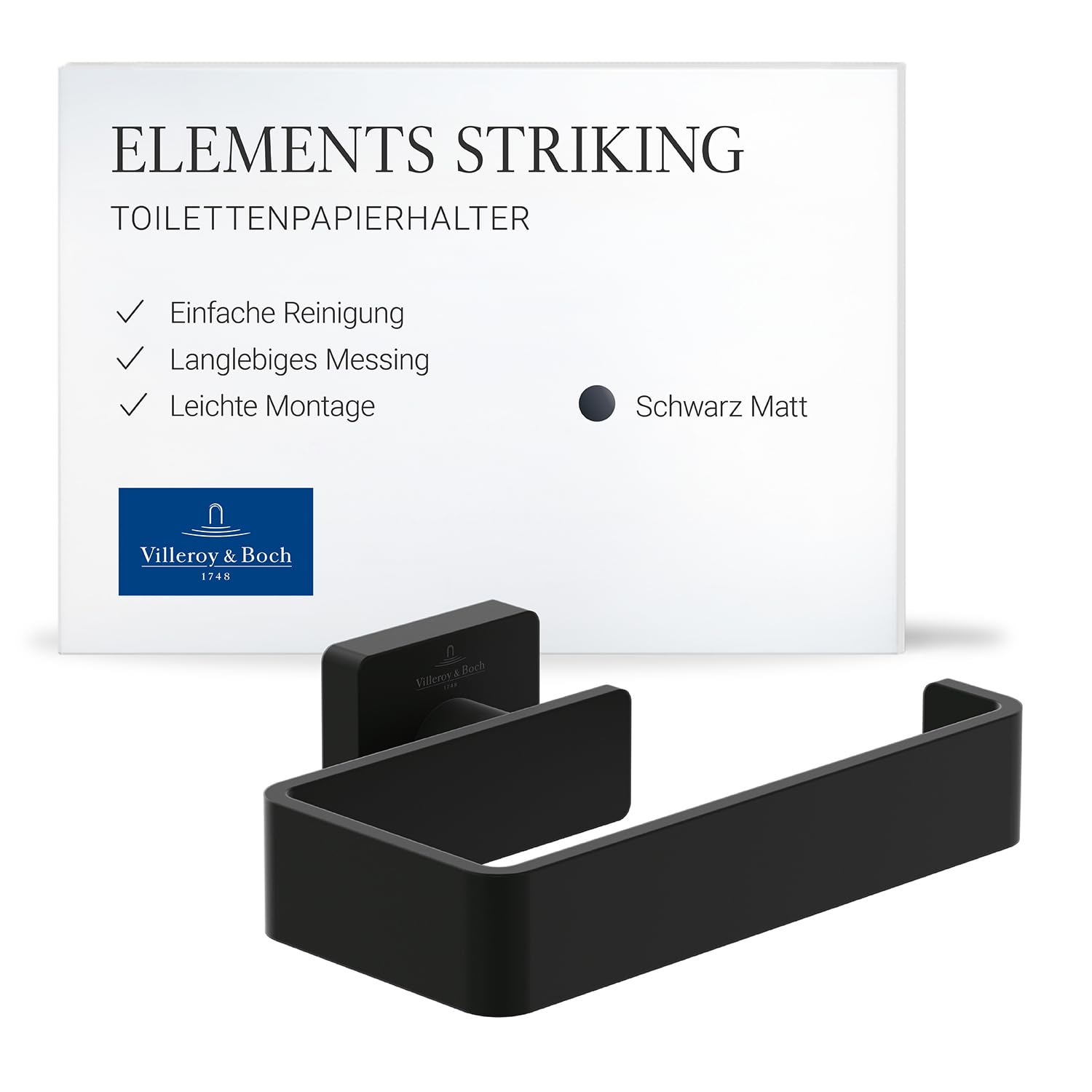 Villeroy & Boch Elements Striking Toilettenpapierhalter, eckig – Schwarz | Ohne Deckel, zur einfachen Wandmontage, aus Messing, TVA152014000K5