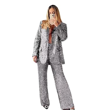 HZUOU Sequin Suits for Women Sparkly Ladies Party Clubwear 2 Pieces Wedding Festival Outfits with Wide Leg Flare