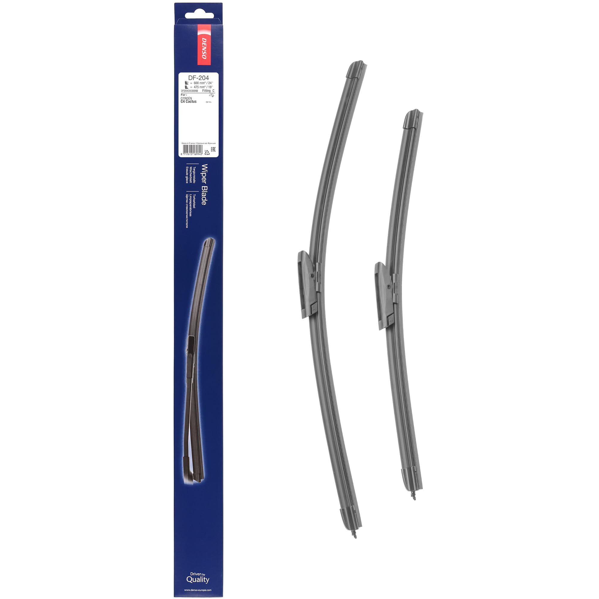 Kit Spazzole Tergicristallo Flat DENSO (DF-204) Contiene 2 Pezzi per Veicoli con Guida a Destra, 600/475 mm, Tergicristallo Silenzioso e Durevole con Design Aerodinamico - Qualità OE | Compatibile con: CITROËN C4 CACTUS