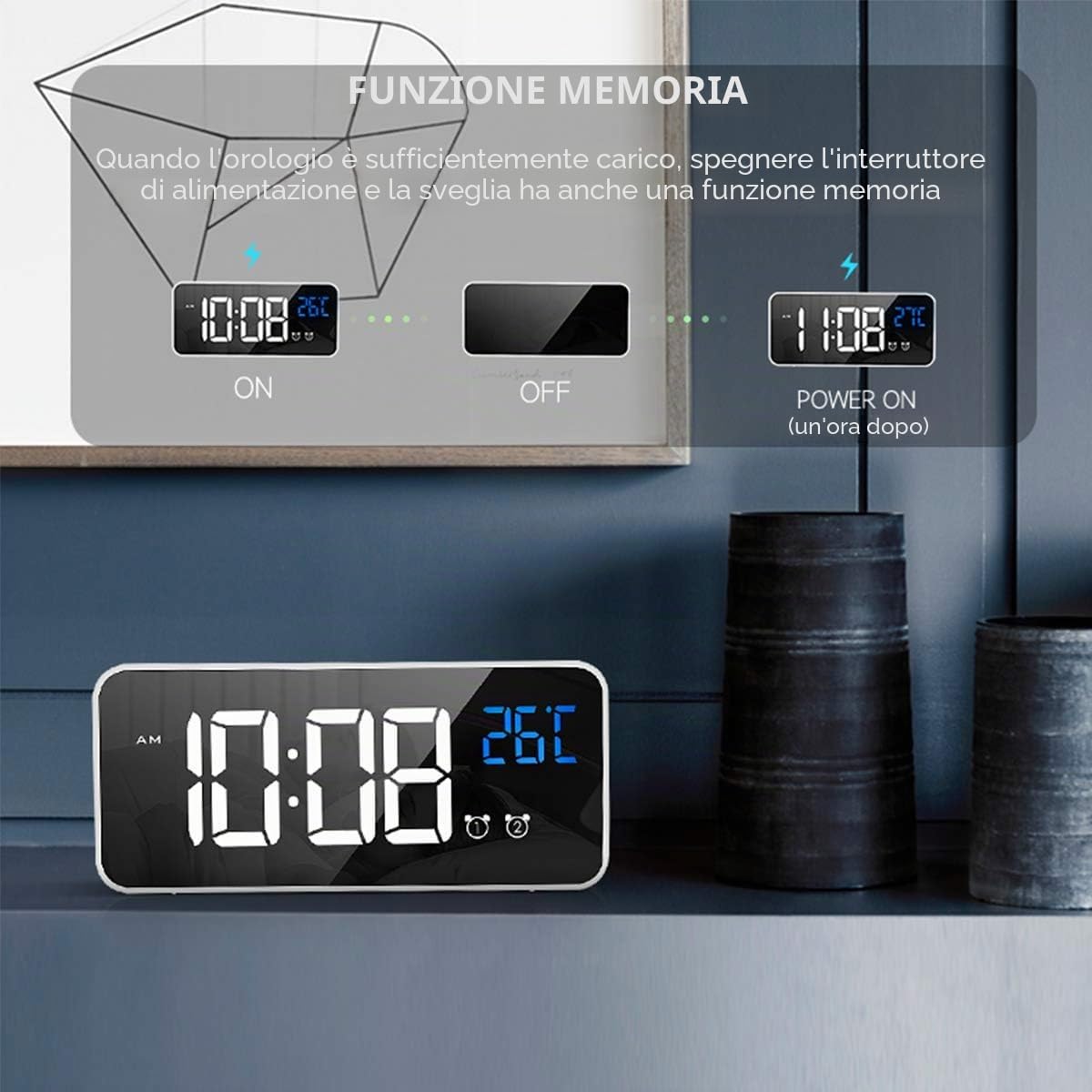 Sveglia Digitale con Grande Display LED, Temperatura, Doppio Allarme a Specchio, Portatile, luminosità Regolabile su 4 Livelli, 13 suonerie.