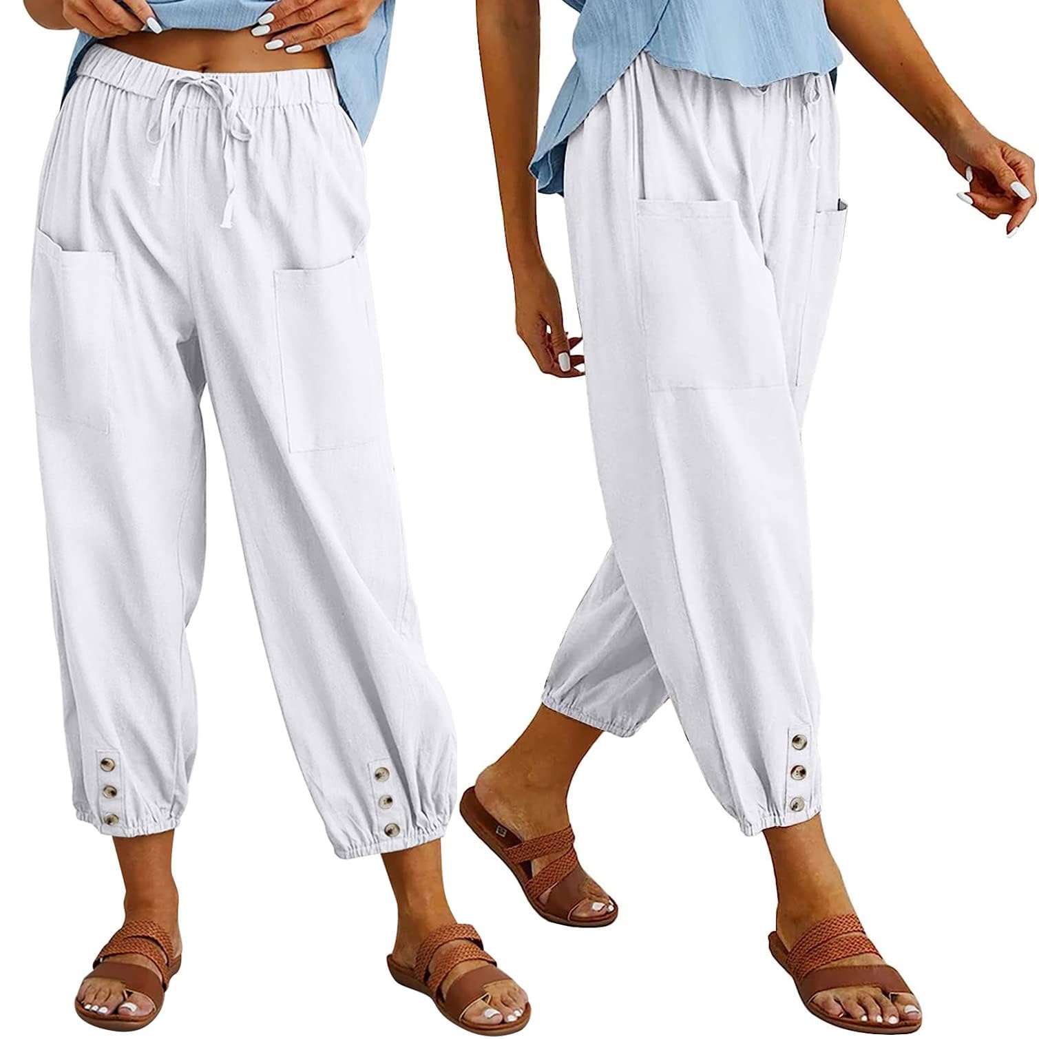 MARSVOVO Womens High Waist Style Loose Pants Drawstring Capri Pants with Pockets Wide Leg Ankle Cropped Pants for