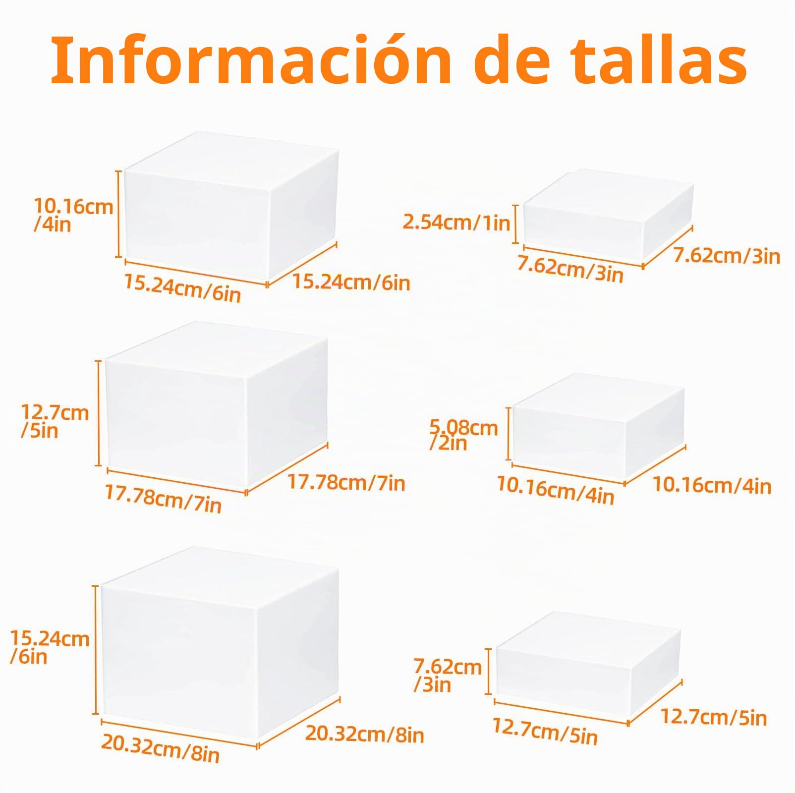 6Pc Soporte Exhibición Buffet Pastelería Decorativos 3/4/5/6/7/8in, Accesorios Estantes Rosquilla Blanco, Cajas Cubo Mesa Dulce, Elevadores Alimentos Postres Acrílico para Bodas/Fiestas/Eventos/Dulces