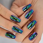 iBeautying Press on Nails - Chrome Magic Mirror Effect Green Purple Holo False Nails | Metallic Punk Medium Coffin Reusable Wear Fake Nails in 10 Sizes - 24 Nail Kit with Jelly Glue Pad