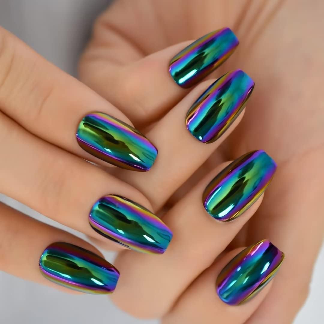 iBeautying Press on Nails - Chrome Magic Mirror Effect Green Purple Holo False Nails | Metallic Punk Medium Coffin Reusable Wear Fake Nails in 10