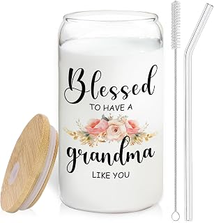 Floral Grandma Glass Cup with Lids and Straws 14oz, Best Mother's Day Birthday Gifts for Grandma from Grandkids, Grandmother Gifts Glass Iced Coffee Tumbler Drinking Jars with Cleaning Brush