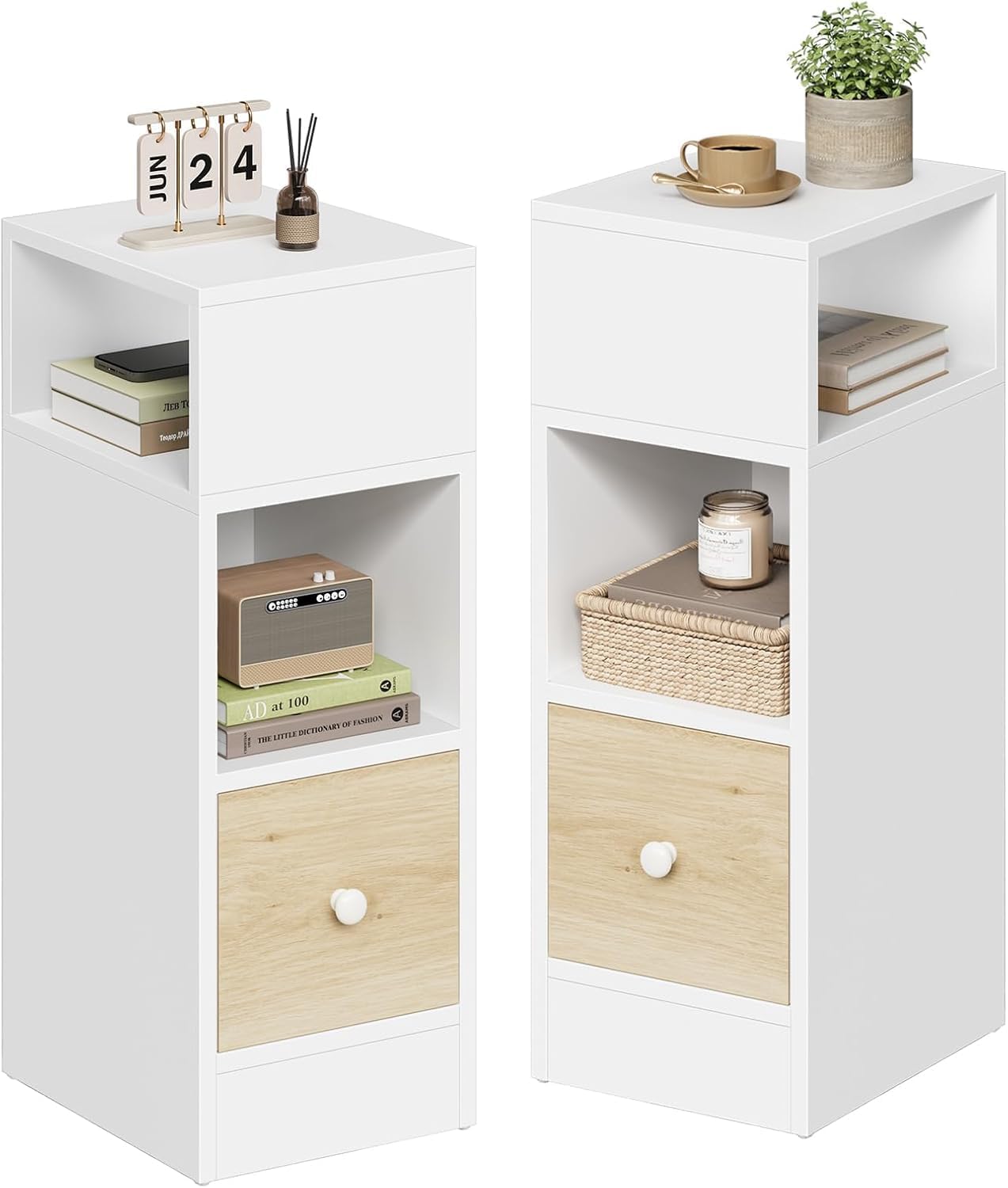 EUGAD Nachttische 2er Set, schmal, Beistelltisch mit 2 offenen Ablagen und 1 Schublade, 25x66x30 cm, Nachtschrank im Schlafzimmer, Nachtkästchen aus Holzwerkstoff, Weiß Eiche, 0011CTG-2