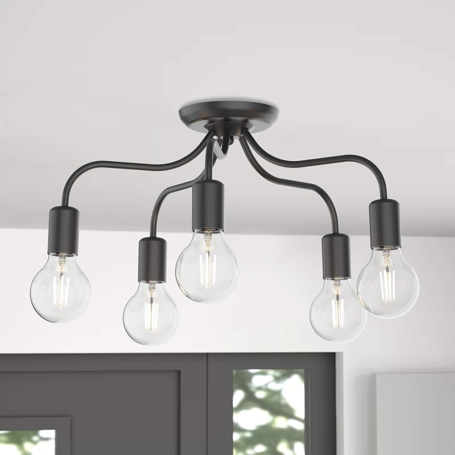 Super Cheap 🛒 Electro bp;Cozy Style Barebulb 5-Arm Matt Black Semi Flush Mount Ceiling Lighting Fixtures,300W,18.9Dia for Bedroom
