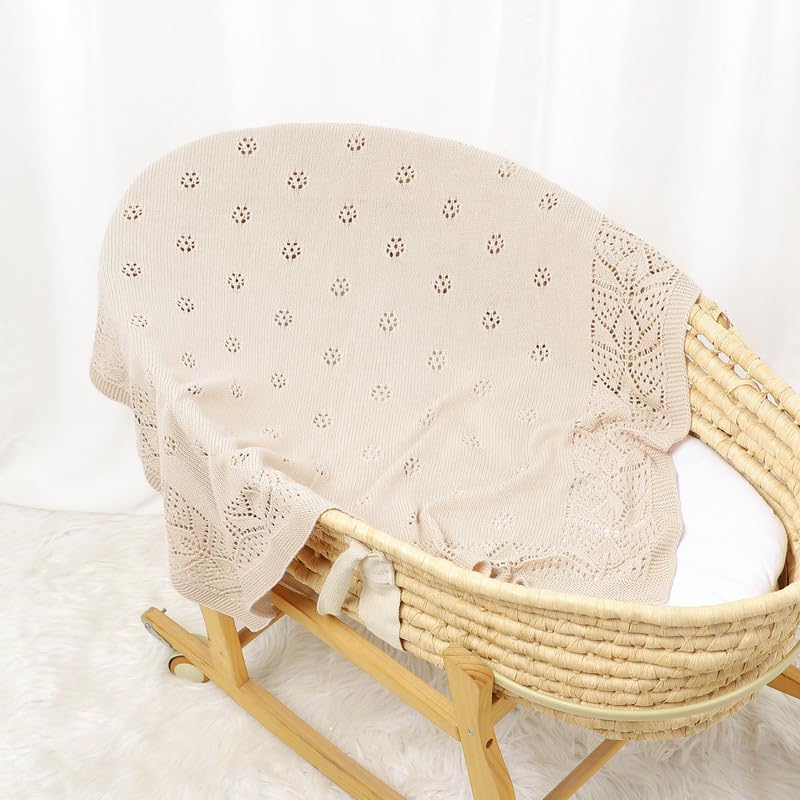 LAWKUL Cellular Blanket Baby 100% Cotton Knitted Soft Babe Crochet Blankets for Newborn Boy Girls Toddler 100x80cm Beige - Image 4