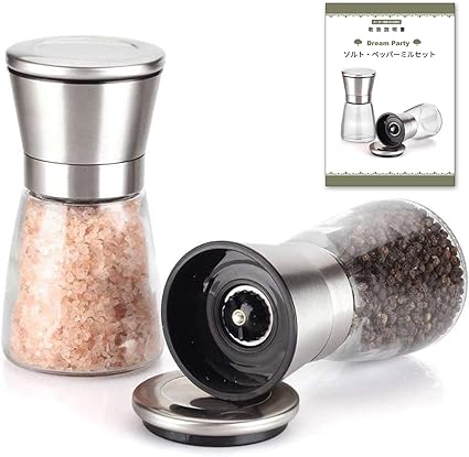 Amazon ぺッパーミル スパイスミル 日本検査 胡椒 ブラックペッパー スパイスボトル 2本組 調味料 容器 粗い細かい 3段調節 生 胡椒 花椒 山椒 岩塩 塩 ミル 調味料入れ Dreamparty 日本語説明書 2本ケース入り シルバー Dp400 Dreamparty 塩 コショウ入れ