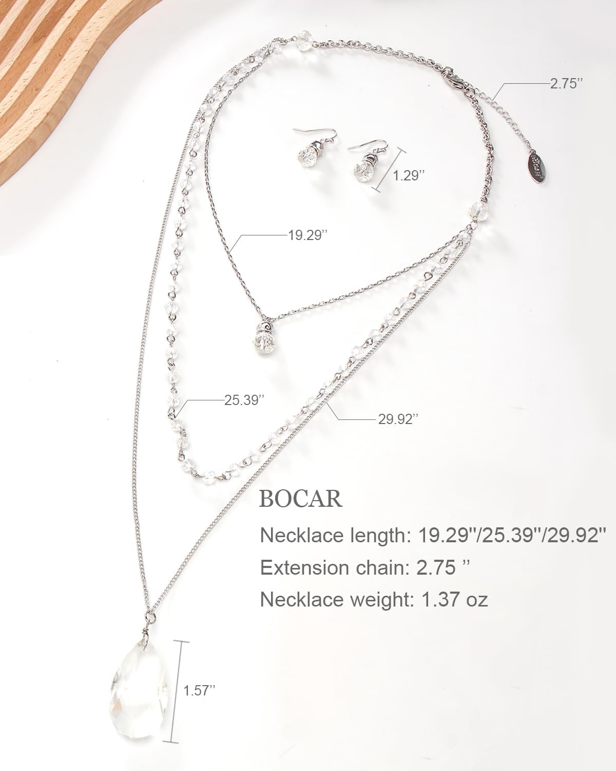 Bocar 3 Layer Jewelry Set Long Chain Pendant Bead Necklace Earring for Women - Image 3
