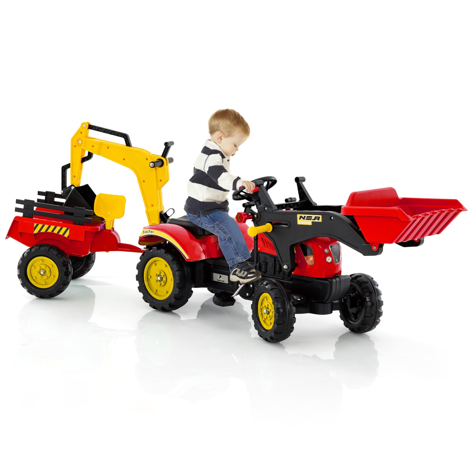COSTWAY Tractor Pedales 3 en 1 para Niños, Topadora de Juguete con 6 Ruedas, Excavadora de Conducción con Pedales, Remolque de Carga Desmontable, Coche para Niños de 3 a 6 Años (Rojo)
