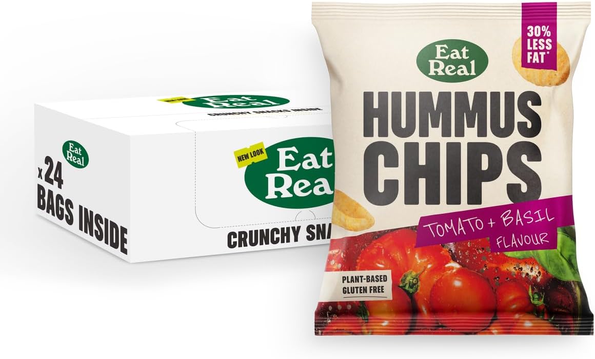 Hummus Chips, Tomato and Basil, 24 X 22g, Gluten-Free Crisps Multipack, Vegan-Friendly, Healthy Snacks, Plant-Based