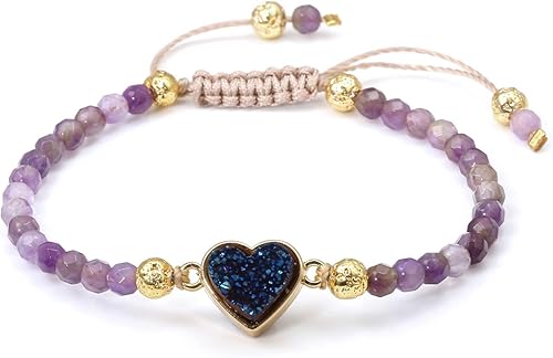 Top Plaza Pulsera de cristal curativo de chakras de 0157in para mujeres y niñas pulsera ajustable con forma de corazón Amatista, Cristal de