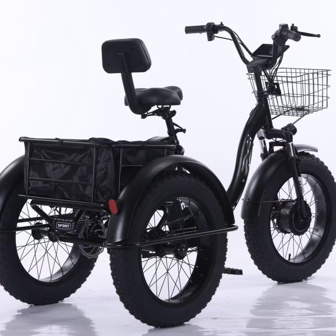 Tricycle électrique Pliable 20 Pouces, Tricycle à pédales pour Adultes avec Panier et Cadre Avant, Batterie Amovible 48 V/12 Ah - autonomie 35 km, Temps de Charge : 5 Heures