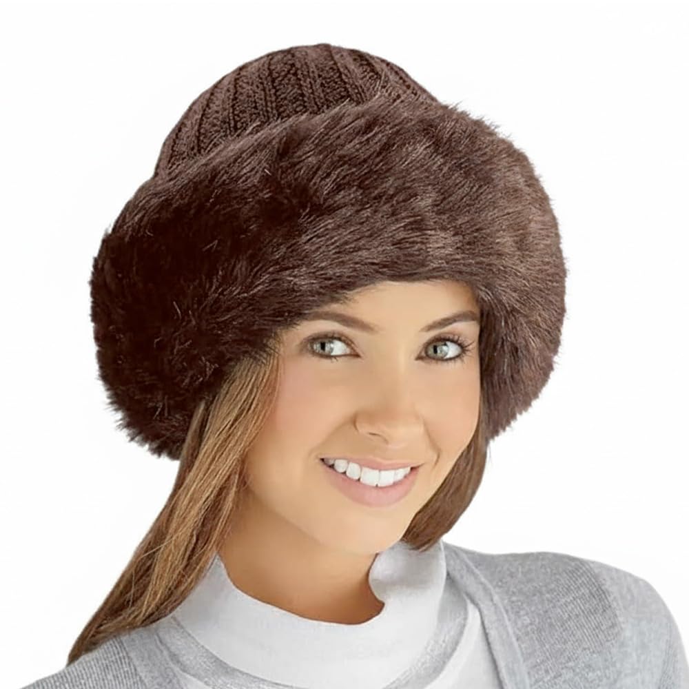 Easylife Faux Fur Winter Hat (Brown) Russian Hat with Ribbed Knit Crown and Faux Fur Brim, One Size Fits All, Ladies Winter Hats for Women, H20.5xW20.5cm - Fully Guaranteed