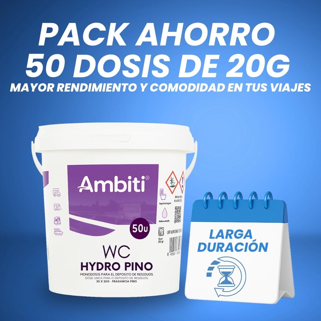 Ambiti | WC Hydro | Monodosis Hidrosolubles para Depósito de Residuos de Autocaravanas,Caravanas y Campers| Antibacteriano| Elimina Deshechos Orgánicos y Papel Higiénico| Fragancia Pino| 50ud — view 7