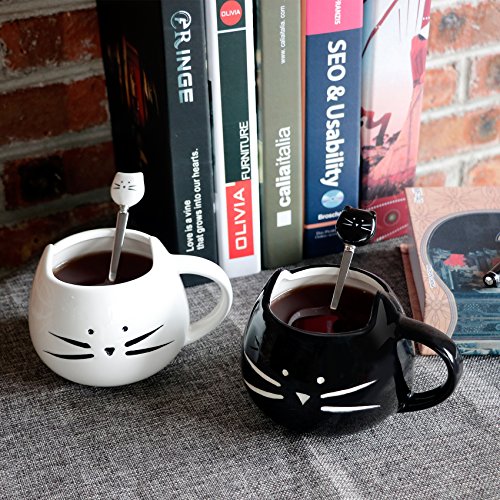 Teagas Cute Cat Mug 12 Oz - Cute Black Kitty Morning Coffee Ceramic Mug And Cute Cat Spoon Set, Gift For Crazy Cat Lady #TOP5