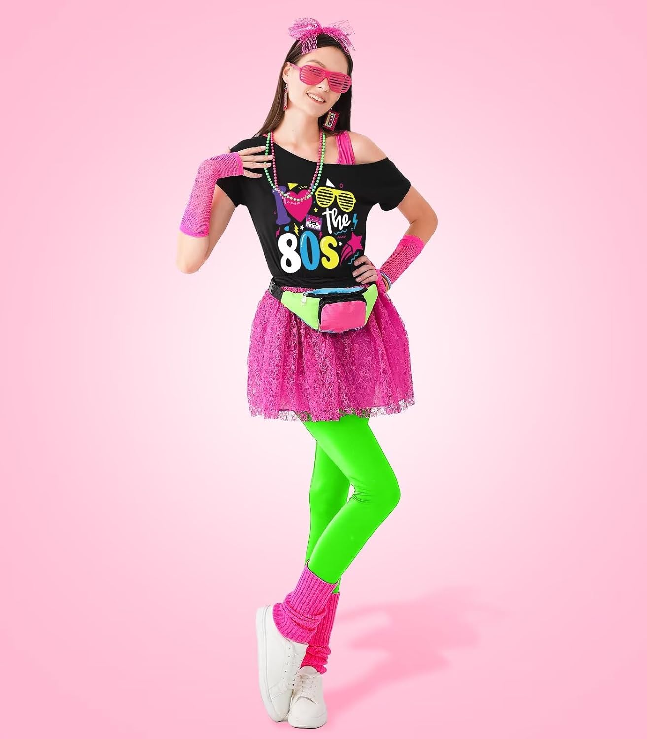 80s Outfit Women Costume Accessories Set, T-Shirt Tank Top Leggings Tutu Skirt Fanny Pack for Halloween, 80s Neon Party - Image 5