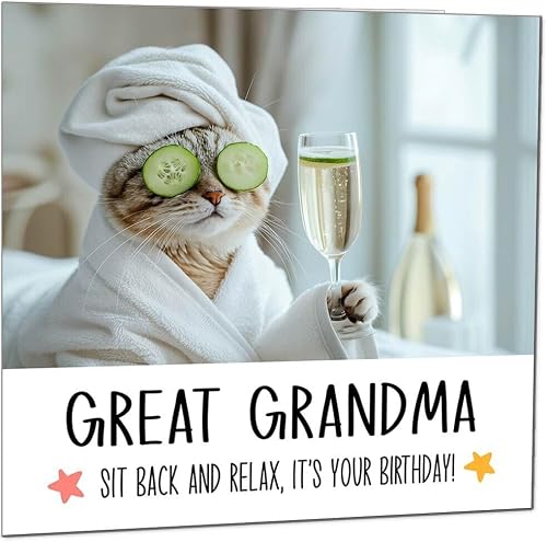 Great Grandma Birthday Card - Sit back and Relax Cat Spa - Funny Birthday Cards for Great Grandma