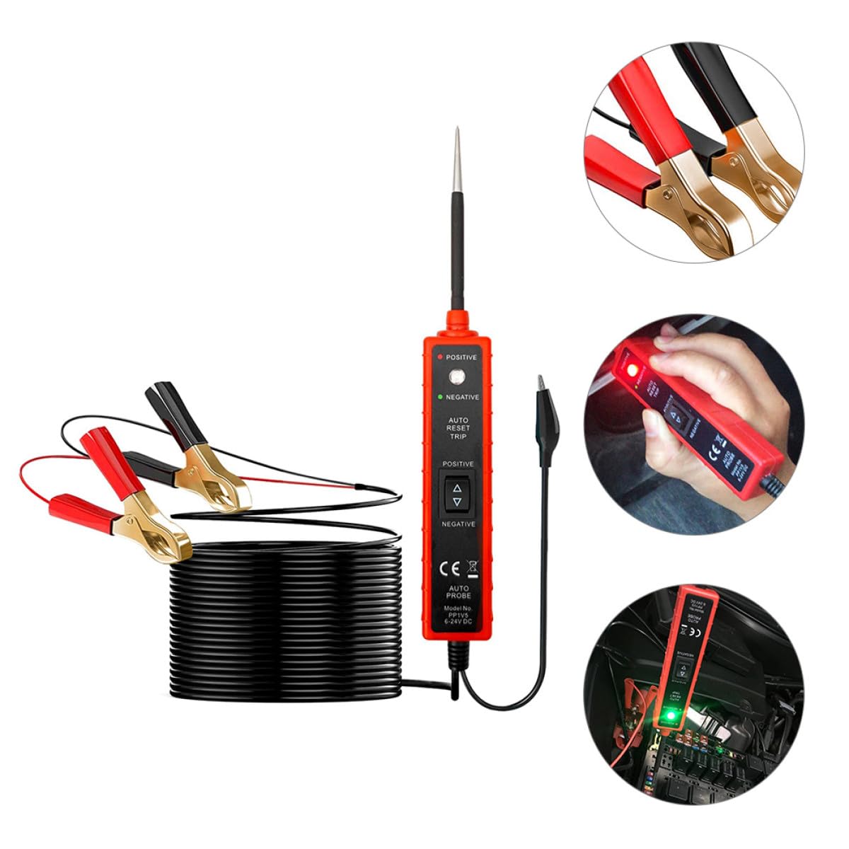 Tester Circuito Auto 6-24v Dc, Cavo 16ft, Diagnosi Conducibilità | Clip Positive e Negative, Abs Rosso Nero, Manutenzione Veicoli ed Elettrico, Protezione 8a