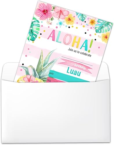 Miniatura 3 de Aloha Luau - Invitaciones de cumpleaños tropicales para niños, tarjetas hawaianas de verano para fiestas en la piscina para niños y niñas, recuerdo