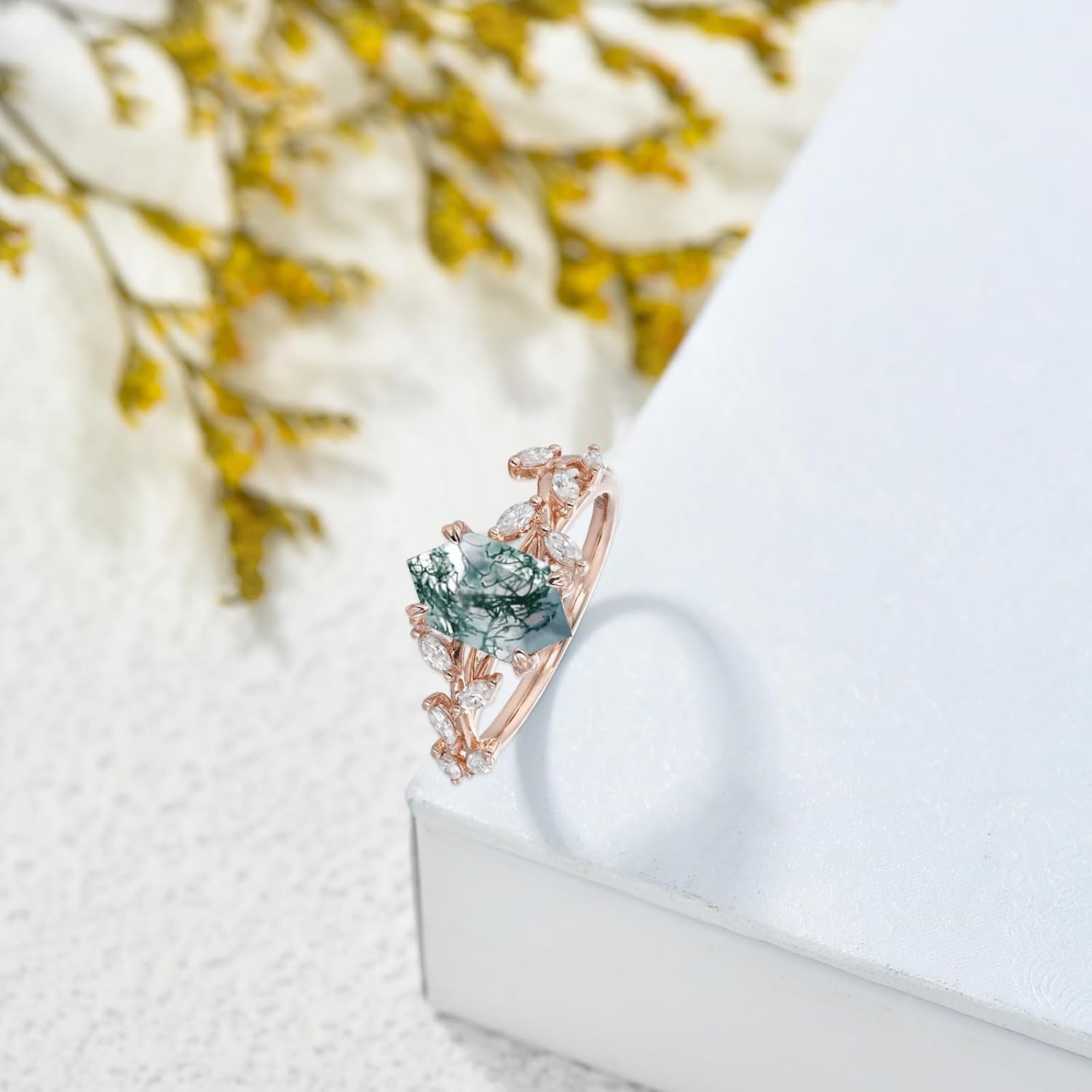 10K 14K 18K Rose Gold 2CT Natural Moss Agate Engagement Ring for Women 925 Sterling Silver Genuine Green Moss Agate Leaf Vine Art Deco Bridal Wedding Promise Anniversary Ring Size 4-15