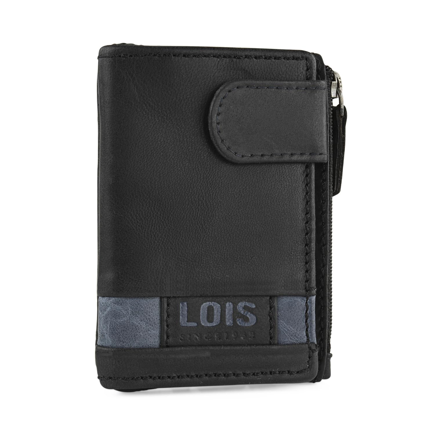Lois Cartera de Piel Hombre con Monedero Exterior y Tarjetero, Protección RFID, Negro-Azul