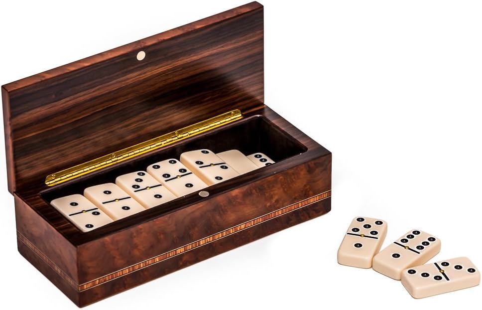 Bello Collezioni - Via Prato Luxury Double Six White Professional Jumbo Size Tournament Dominoes Set with Spinners from Italy in a Briarwood Case