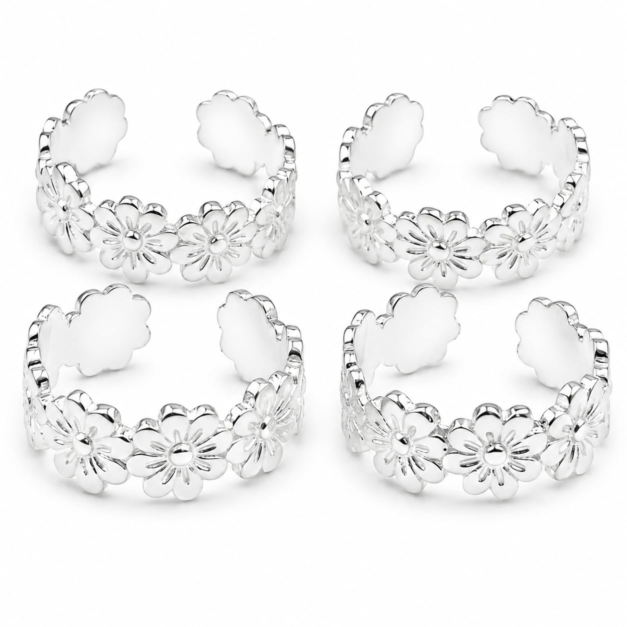 Silver-Tone Floral Toe Rings | Open Band Daisy Design, Adjustable, Set of 4-image-10