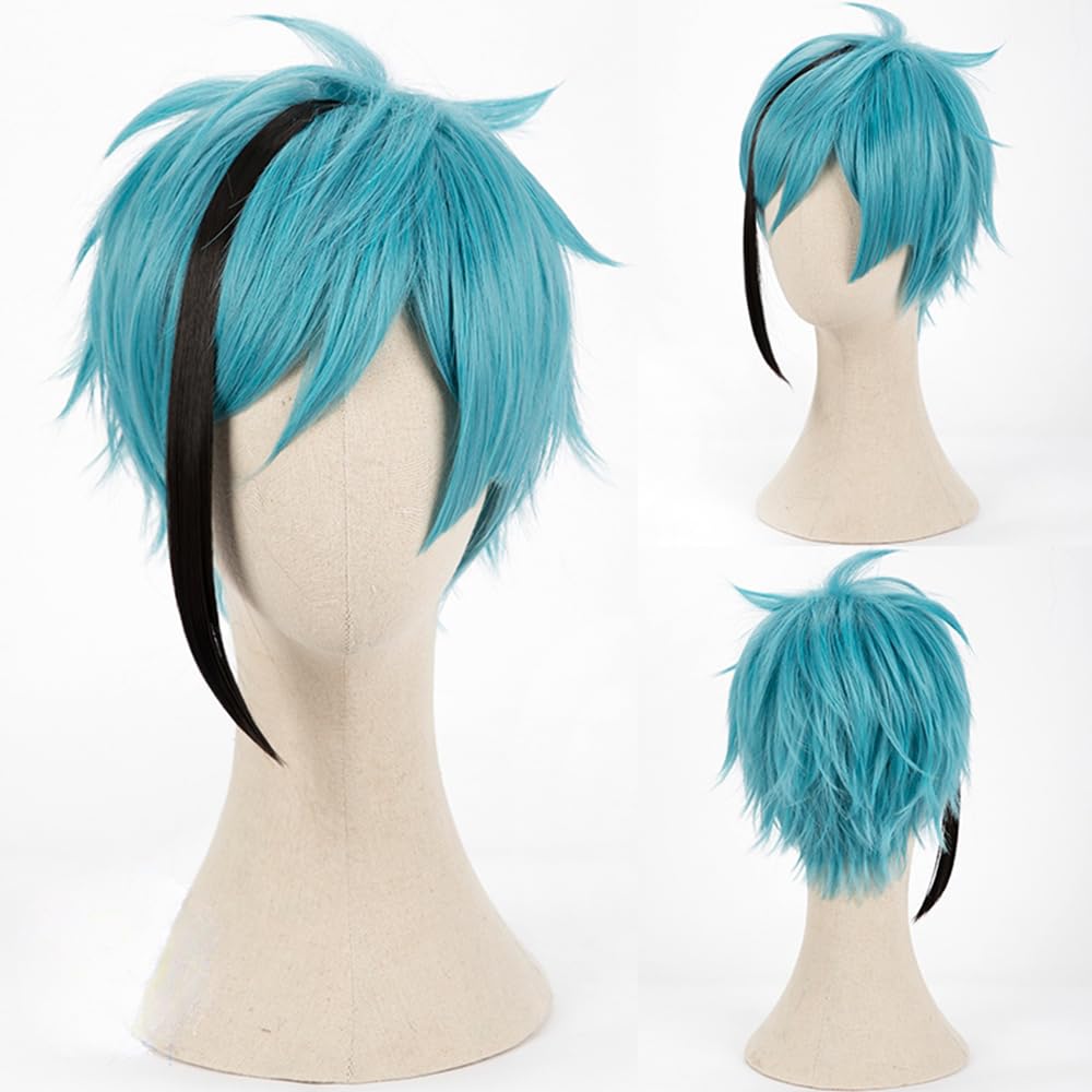 Game Cosplay Wig Octavinelle Blue and Black Highlight Hair Layered Wig with Bangs Side Part Wig Heat Resistant Wig Role Play Halloween Wig 30 CM