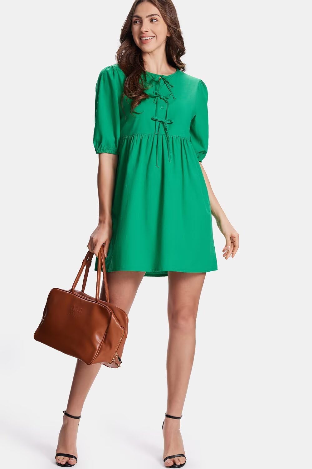 Womens Casual Dresses Short Puff Sleeve A-Line Mini Dress with Hidden Buttons for Summer - Image 6