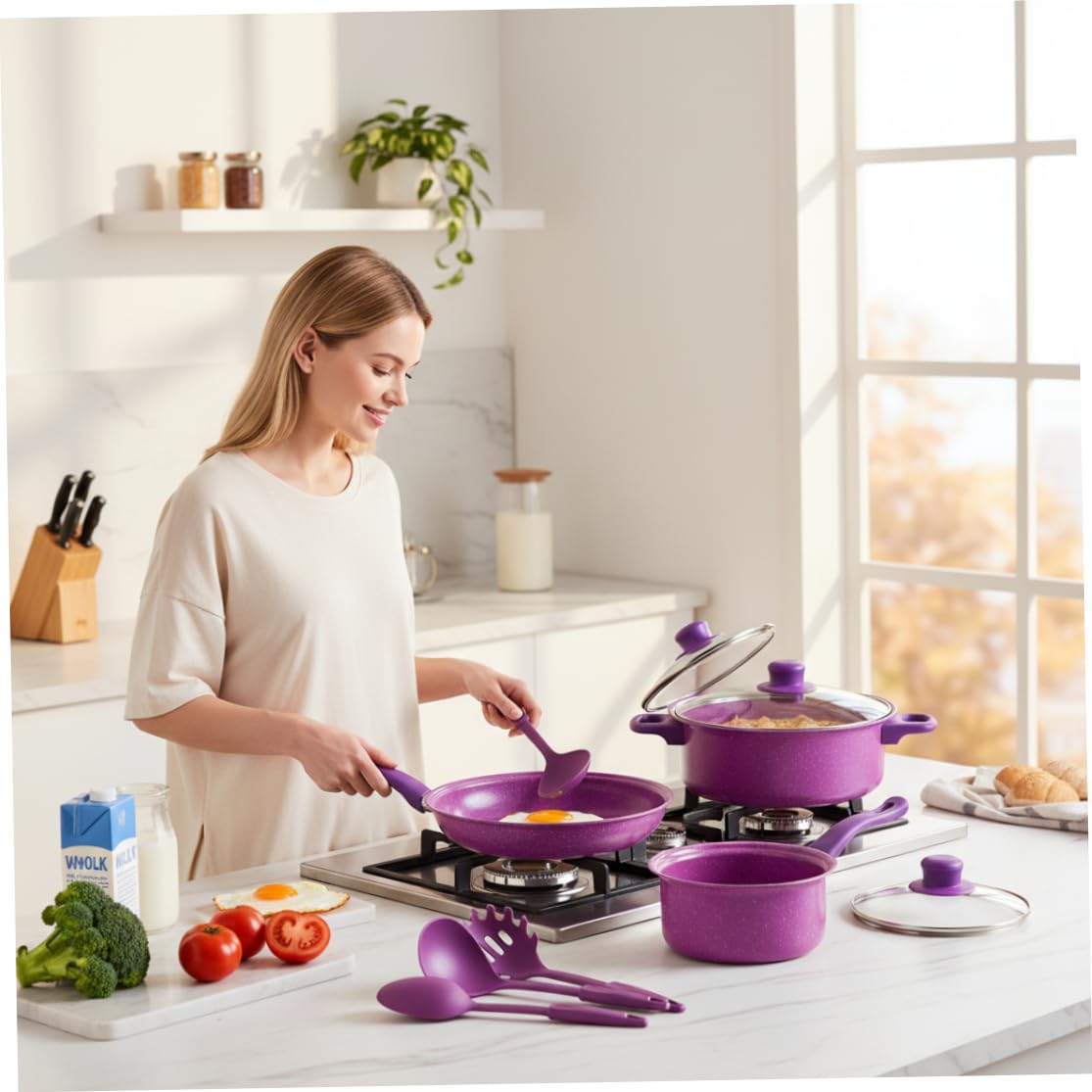 Set Di Pentole Antiaderenti, Set Di Pentole Antiaderenti Da 13 Pezzi, E Padelle Con Padella, Pentola Per Il Latte E Utensili Per La Cucina Casalinga, Viola..
