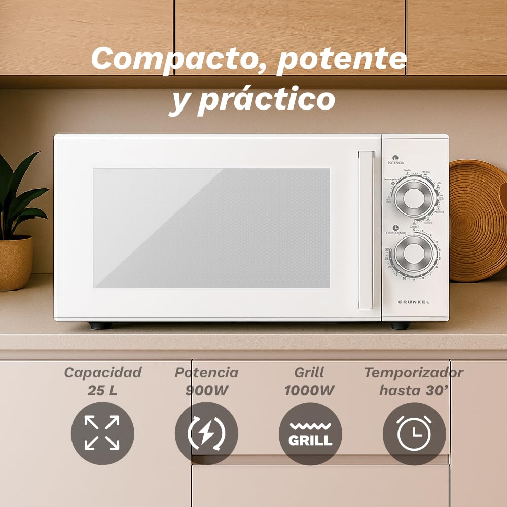 Grunkel Microondas con grill de 25 Litros, 900W + 1000W 5 Niveles de Potencia, 3 Modos Combinados, Temporizador 30 min Apertura con Tirador y Bandeja Ø245 mm