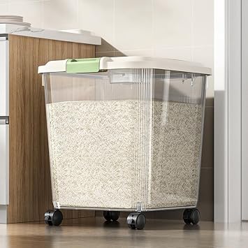 Food-Grade Rice Storage Container with Measuring Cup/Wheels Airtight, Anti-Insect, Moisture-Proof Bin for Rice, Flour, Pet Food Large Kitchen & Pantry Organizer 02,33 lbswith wheels