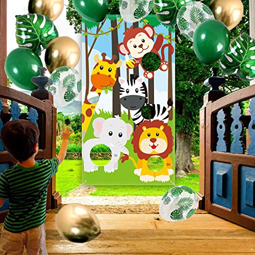 Safari Animals Toss Games Banner with 5 Bean Bags for Kids Children's Family Party Zoo Animals Theme Indoor Outdoor Parties Supplies Decoration
