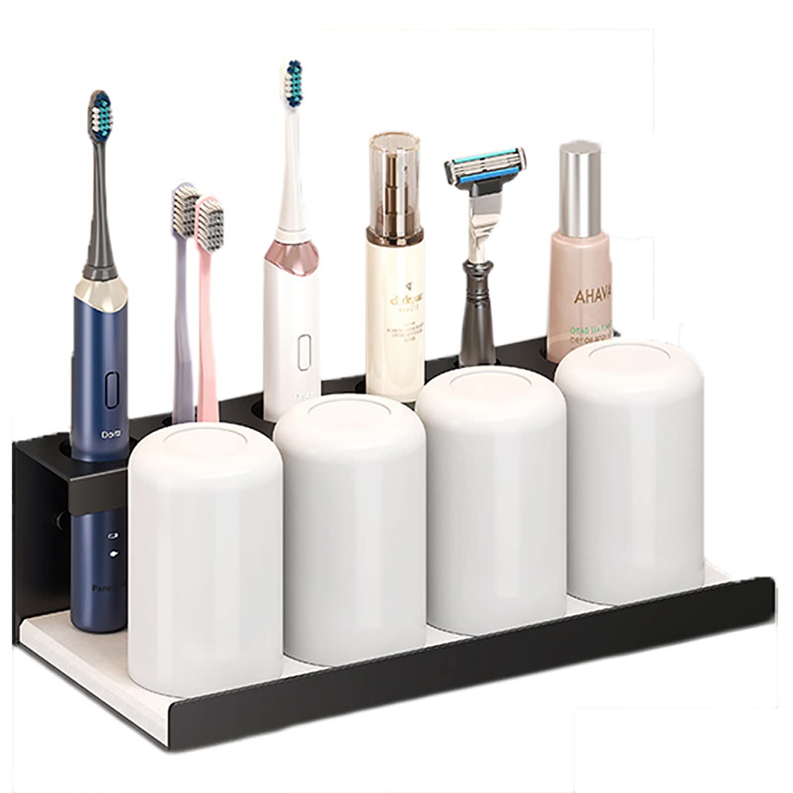 Porta Cepillo de Dientes, Soporte Cepillo de Dientes Eléctrico, Pared Estuche Cepillo Dientes con 4 Ranuras para Cepillos, Organizador Baño con Dispensador Pasta Dientes Negro