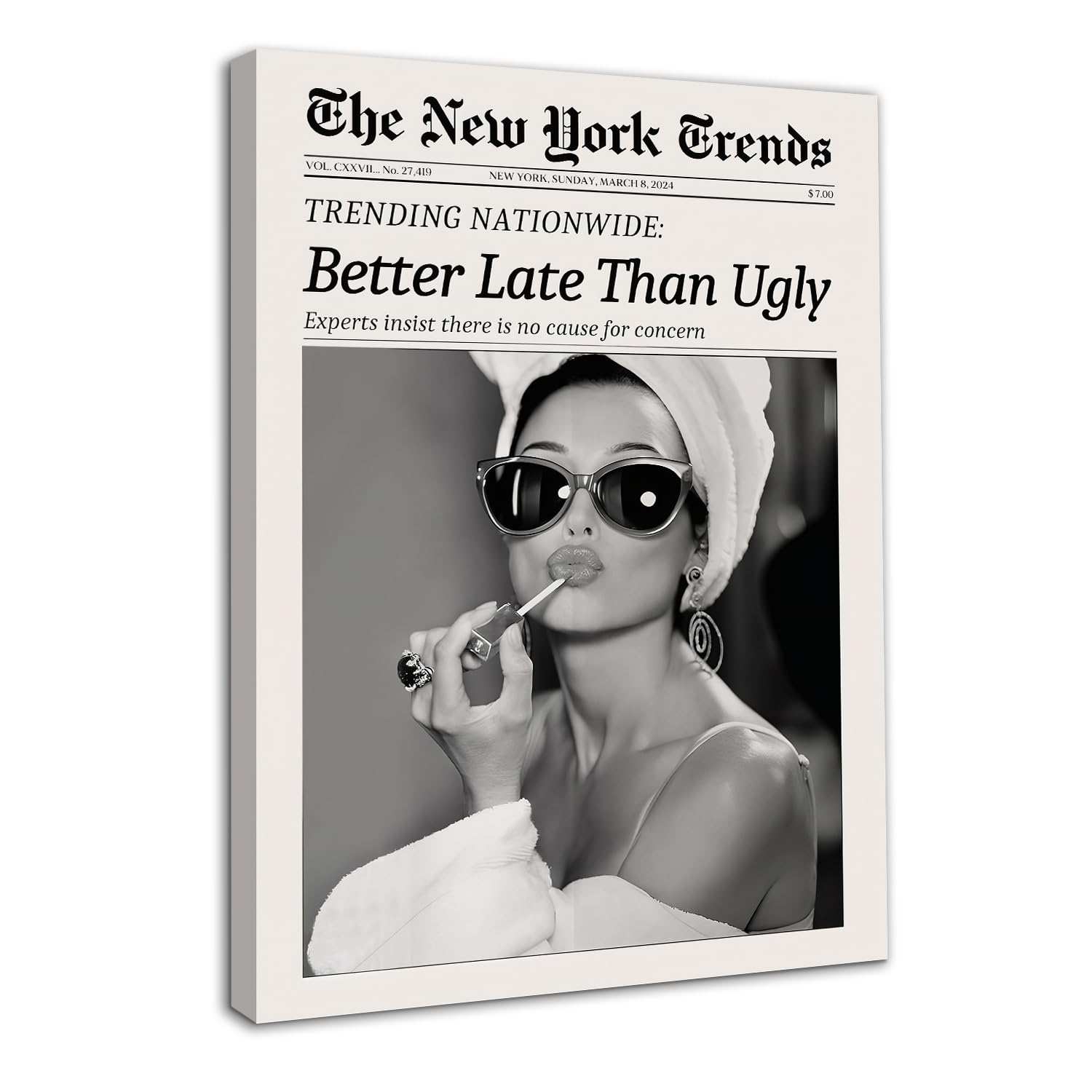 Dazzlewall Framed New York Trends Wall Art, Black and White Newspaper Better Late Than Ugly Funky Feminist Poster for Living Room Bedroom 12x16 in