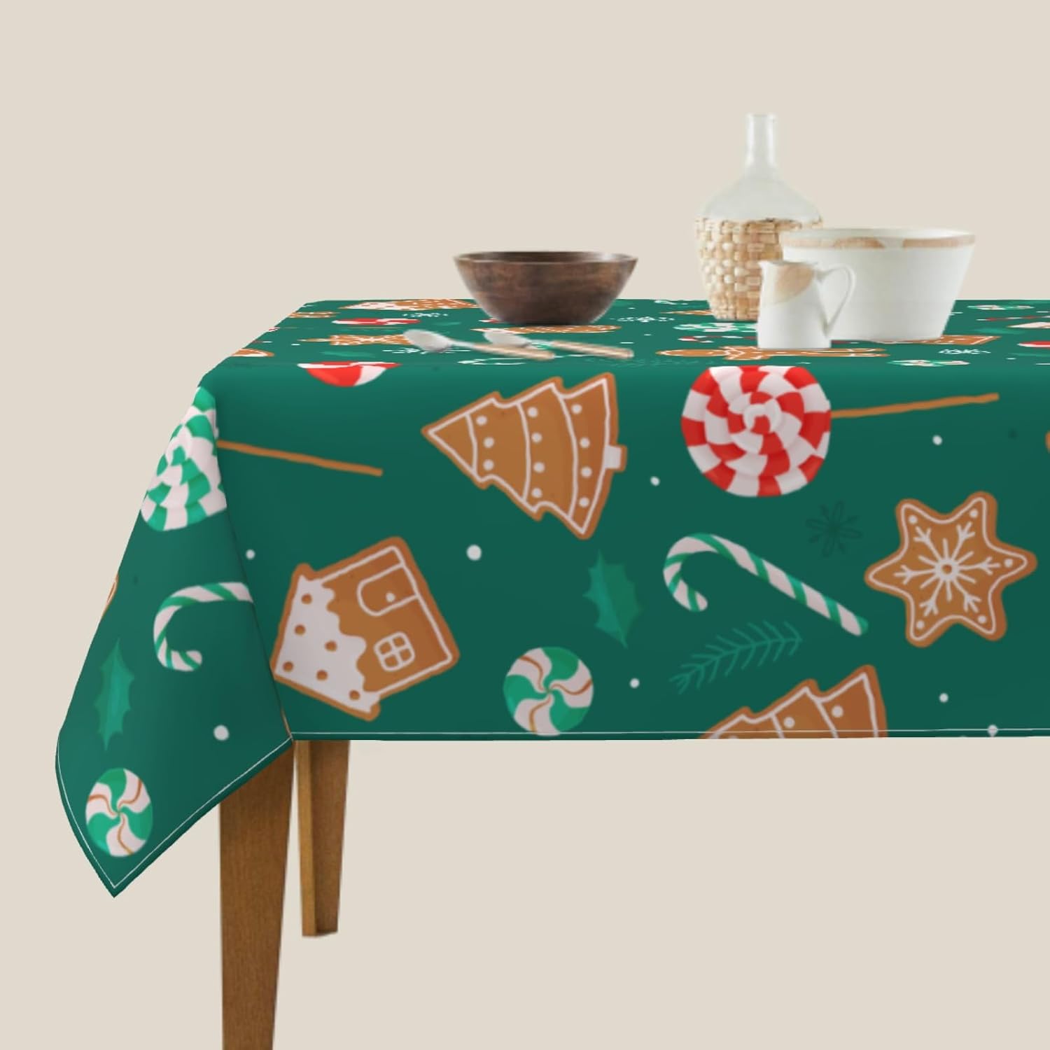 Xmas Tablecloth Square 54×54 Inch Gingerbread Holiday Festival Green Table Cloth Water Resistant Fabric Table Covers for Kitchen Dining Party Home Decor image 4