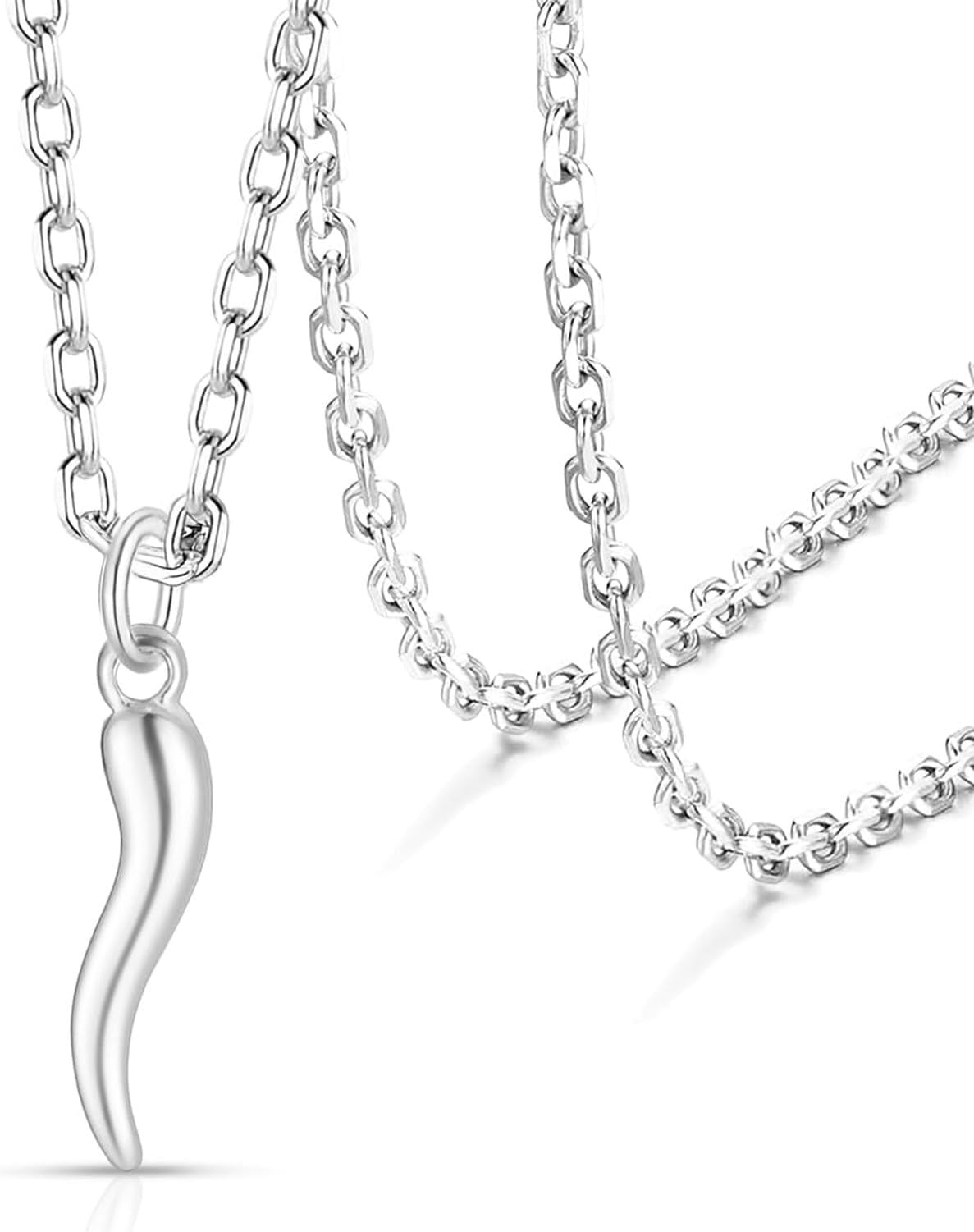 WOMGKDA Evil Eye Necklace Italian Horn Pendant Layered Necklaces for Women Turkish Lucky Protection Jewelry Gift for Women and Men, 2-silver