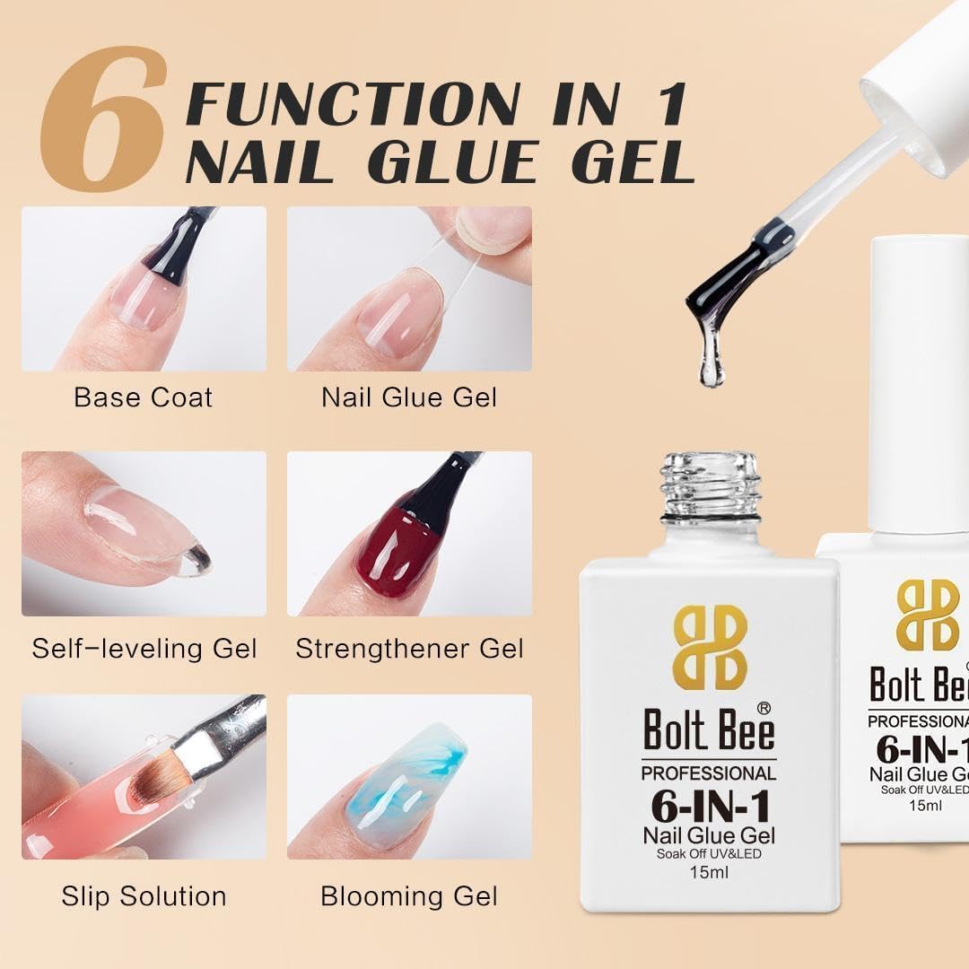 Bolt Bee 6-in-1 Nail Glue – 15ml Multifunctional UV/LED Soak Off for Base Coat, Nail Adhesive, Self-Leveling, Strengthening, Slip Solution & Blooming Effects – Professional Nail Art
