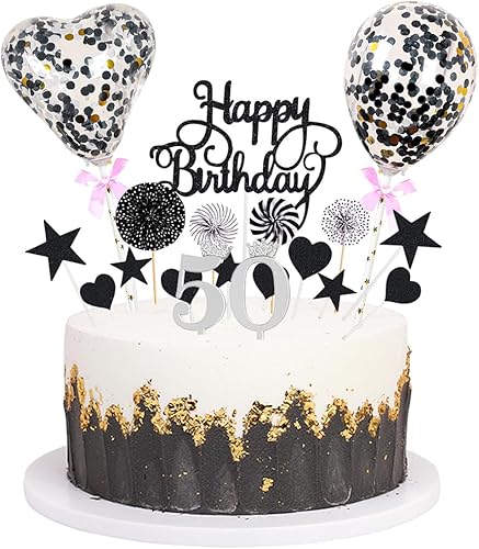 Daimay Decoración de pastel de cumpleaños negra con purpurina acrílica para decoración de pastel de cumpleaños número 50 con confeti, abanicos de