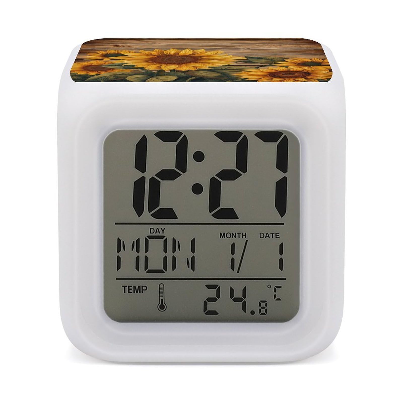 Reloj despertador de girasol en madera pintada con luz de 7 colores para mesita