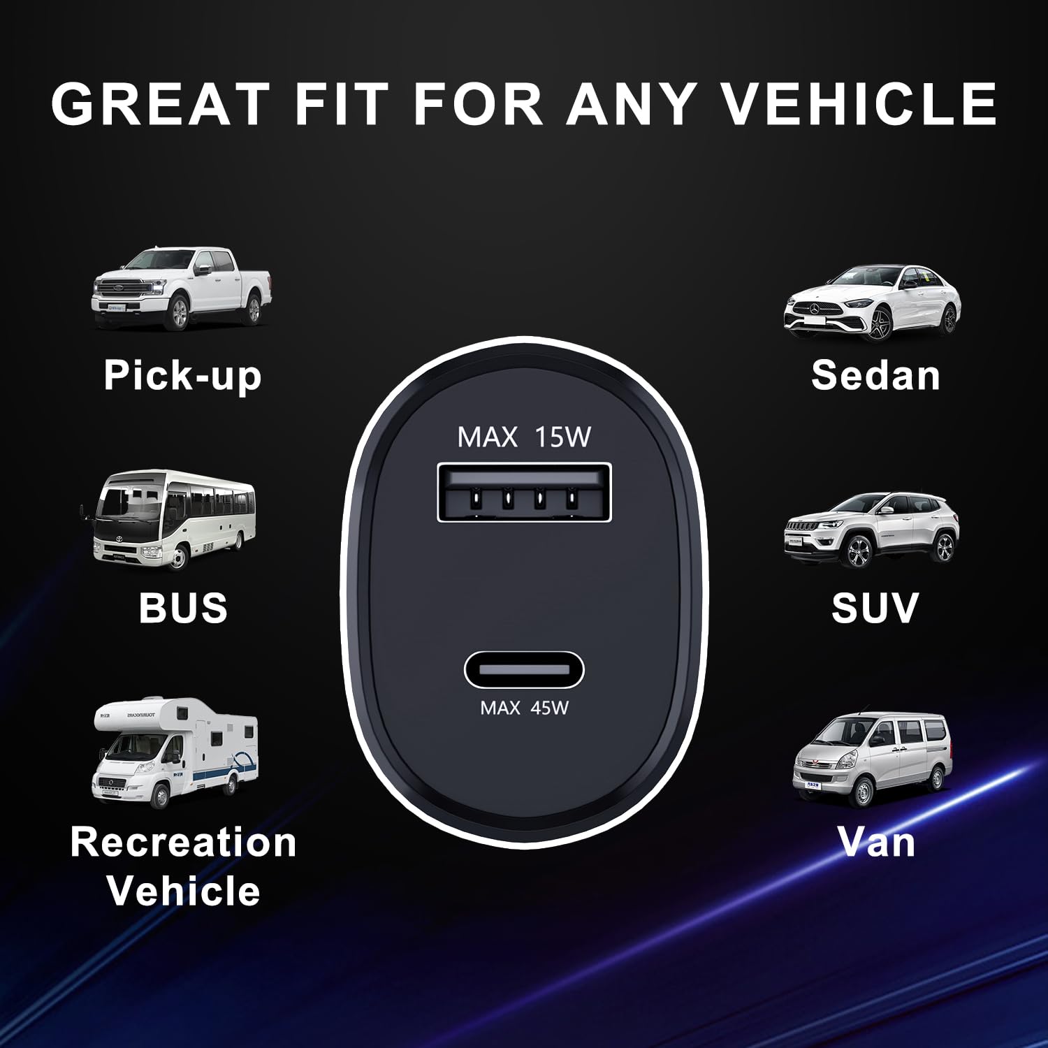 Cargador de coche dual súper rápido (45 W + 15 W), doble puerto USB-C y USB-A blanco, cable de 6.5 pies para Samsung S25, S24, S23, S22, color negro