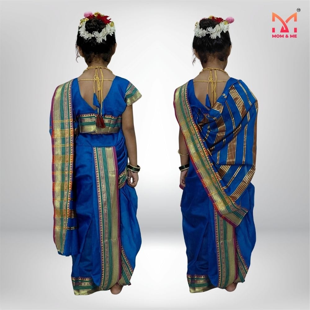 Mom and Me Girls' Ready-to-Wear Mastani Nauwari Saree with Stitched Blouse | Traditional Maharashtrian Ilkal Border | Soft Acrylic Cotton | Age 12 Months to 15 Years (Blue, 12-13 Years) - Image 3 thumbnail