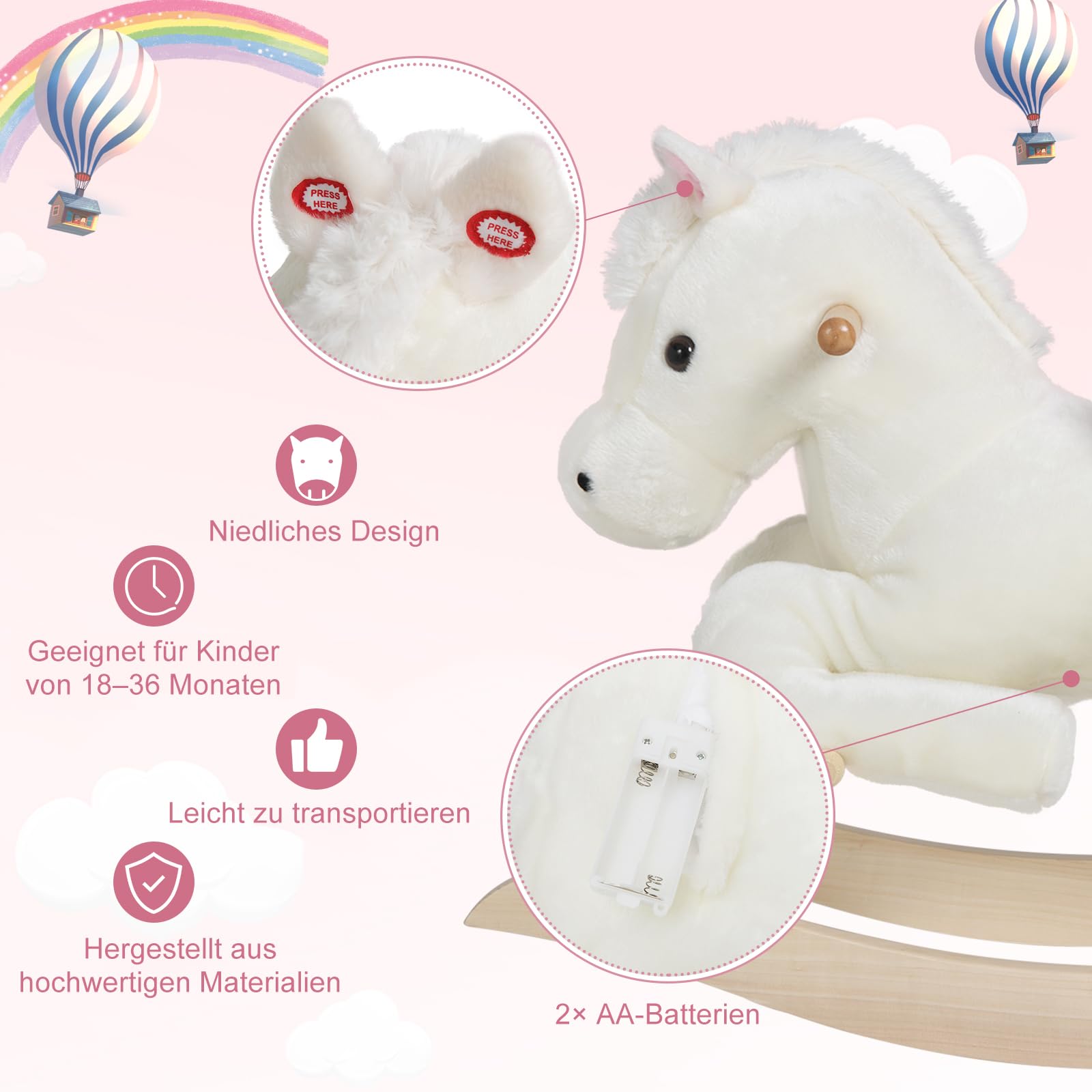 WOLTU Plüsch Schaukelpferd für Babys 18-36 Monate, Schaukeltier mit Soundfunktion, Sicherheitsgurt und hoher Rückenlehne, Baby Schaukelpferd aus Massivholz, Weiß Rosa