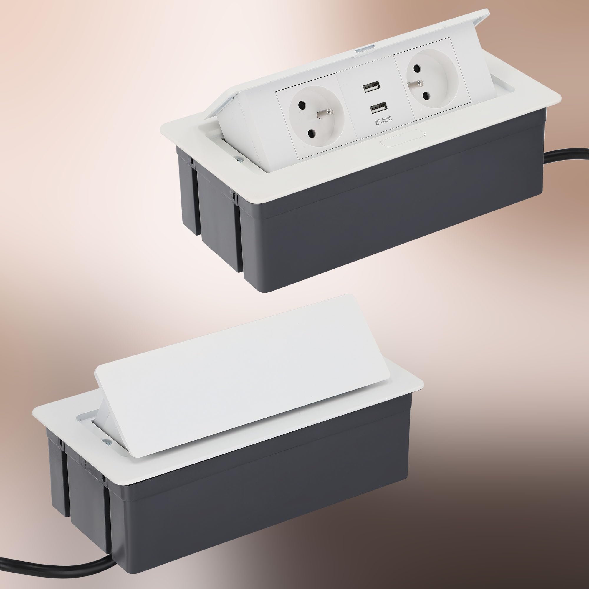 KOTARBAU® - Ciabatta elettrica a 2 prese, con porte USB, in alluminio, colore bianco