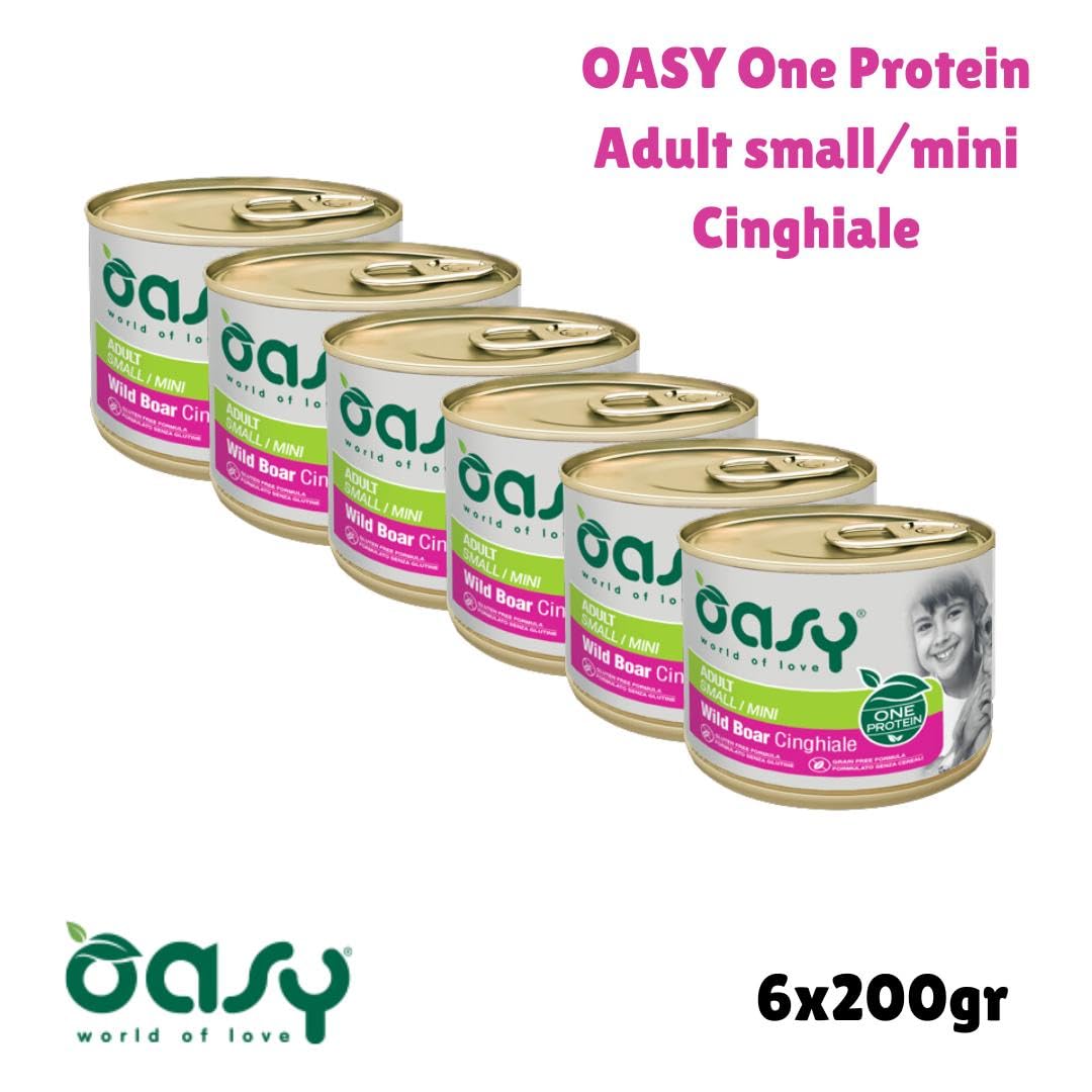 Oasy umido cane adulto monoproteico, alimento completo per cani adulti di taglia piccola (small) gusto CINGHIALE | 6 scatolette da 200 grammi l’una.